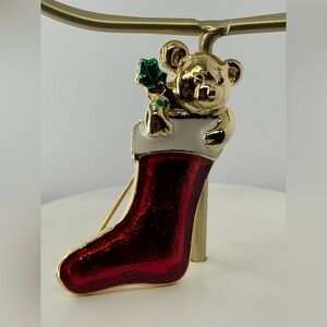 VTG Signed SFJ Christmas Stocking Brooch Teddy Bear Holly Red Glitter Enamel